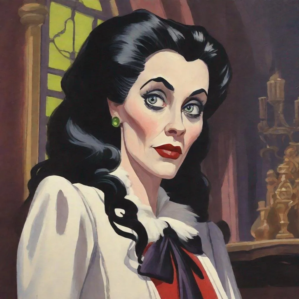 Prompt: gouache painting of a Disney animated style Mina Murray from Dracula inspired by Basil Gogos.