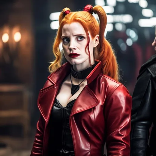 Prompt: Jessica Chastain as Harley Quinn in Christopher Nolan's Batman universe wearing a leather red and black trench coat.