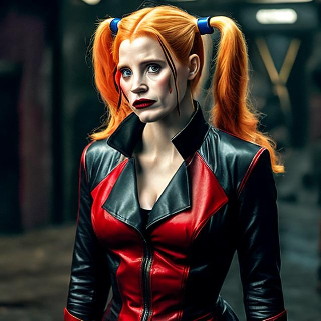 Prompt: Jessica Chastain as Harley Quinn in Christopher Nolan's Batman universe wearing a leather red and black trench coat.