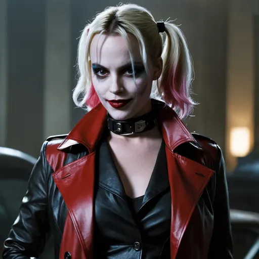 Prompt: Charlize Theron as Harley Quinn in Christopher Nolan's Batman universe wearing a leather red and black trench coat.