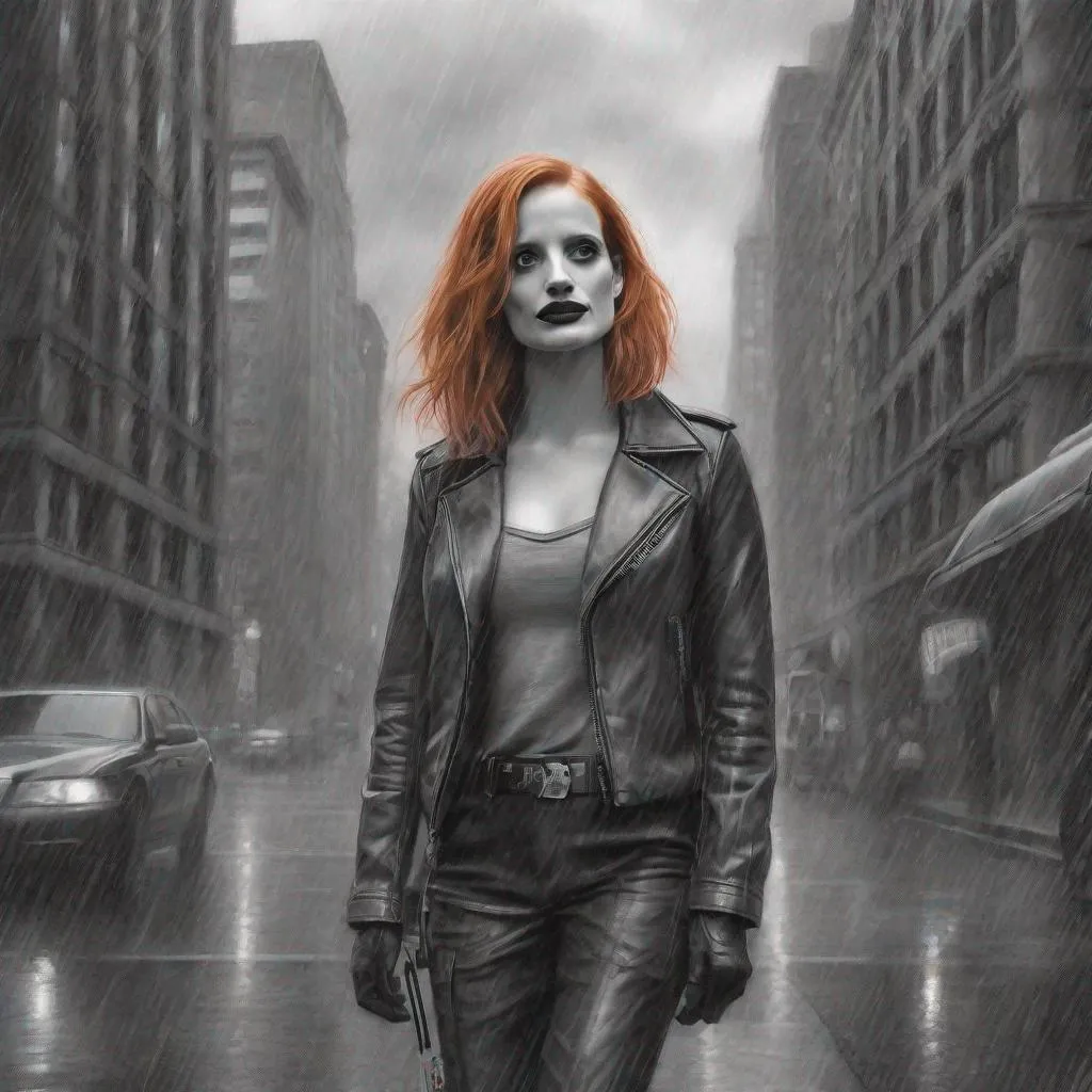 Prompt: pencil drawing of jessica chastain as harley quinn standing in the street, rainy weather, dark clouds, tall buildings, nostalgic theme