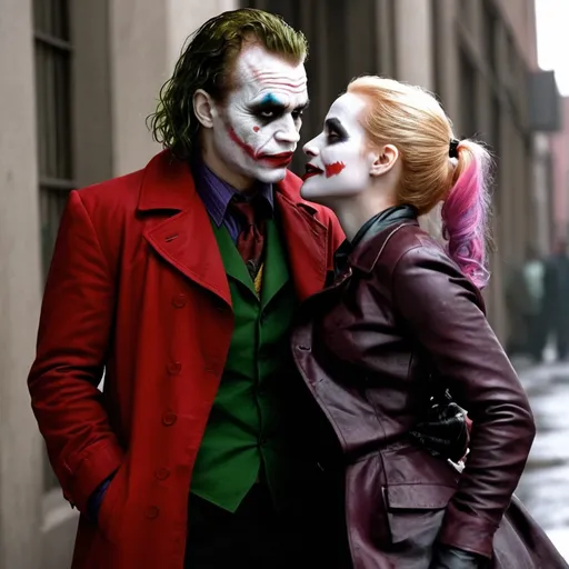 Prompt: Heath Ledger as Joker and Jessica Chastain as Harley Quinn in Christopher Nolan's Dark Knight universe with a white painted face resembling Heath Ledger's Joker makeup wearing a leather red and black trench coat.