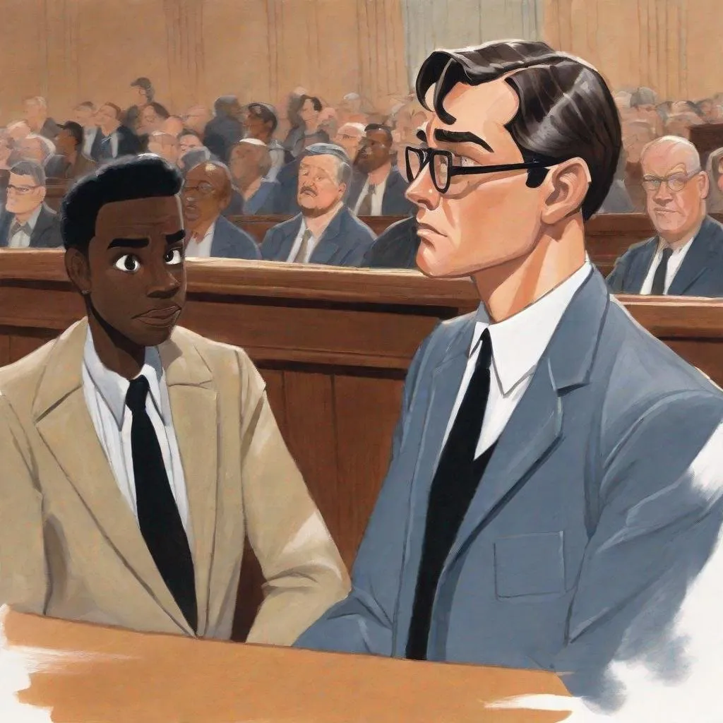 Prompt: gouache painting of a Disney animated style Atticus Fitch from To Kill a Mockingbird sitting in a court room next to a black man.