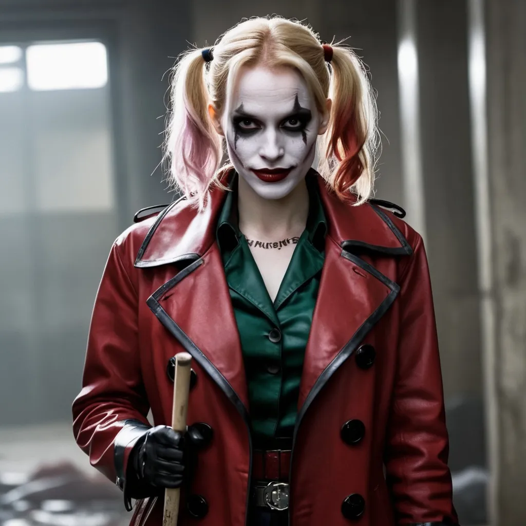 Prompt: Jessica Chastain as Harley Quinn in Christopher Nolan's Batman universe with a white painted face resembling Heath Ledger's Joker makeup wearing a leather red and black trench coat while holding a baseball bat.