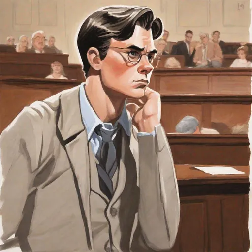 Prompt: gouache painting of a Disney animated style Atticus Fitch from To Kill a Mockingbird sitting in a court room.