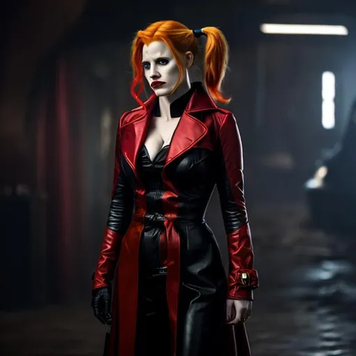 Prompt: Jessica Chastain as Harley Quinn in Christopher Nolan's Batman universe wearing a leather red and black trench coat.