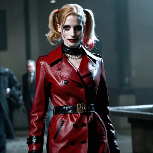 Prompt: Jessica Chastain as Harley Quinn in Christopher Nolan's Batman universe wearing a leather red and black trench coat.