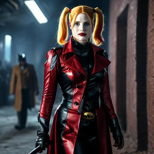 Prompt: Jessica Chastain as Harley Quinn in Christopher Nolan's Batman universe wearing a leather red and black trench coat.