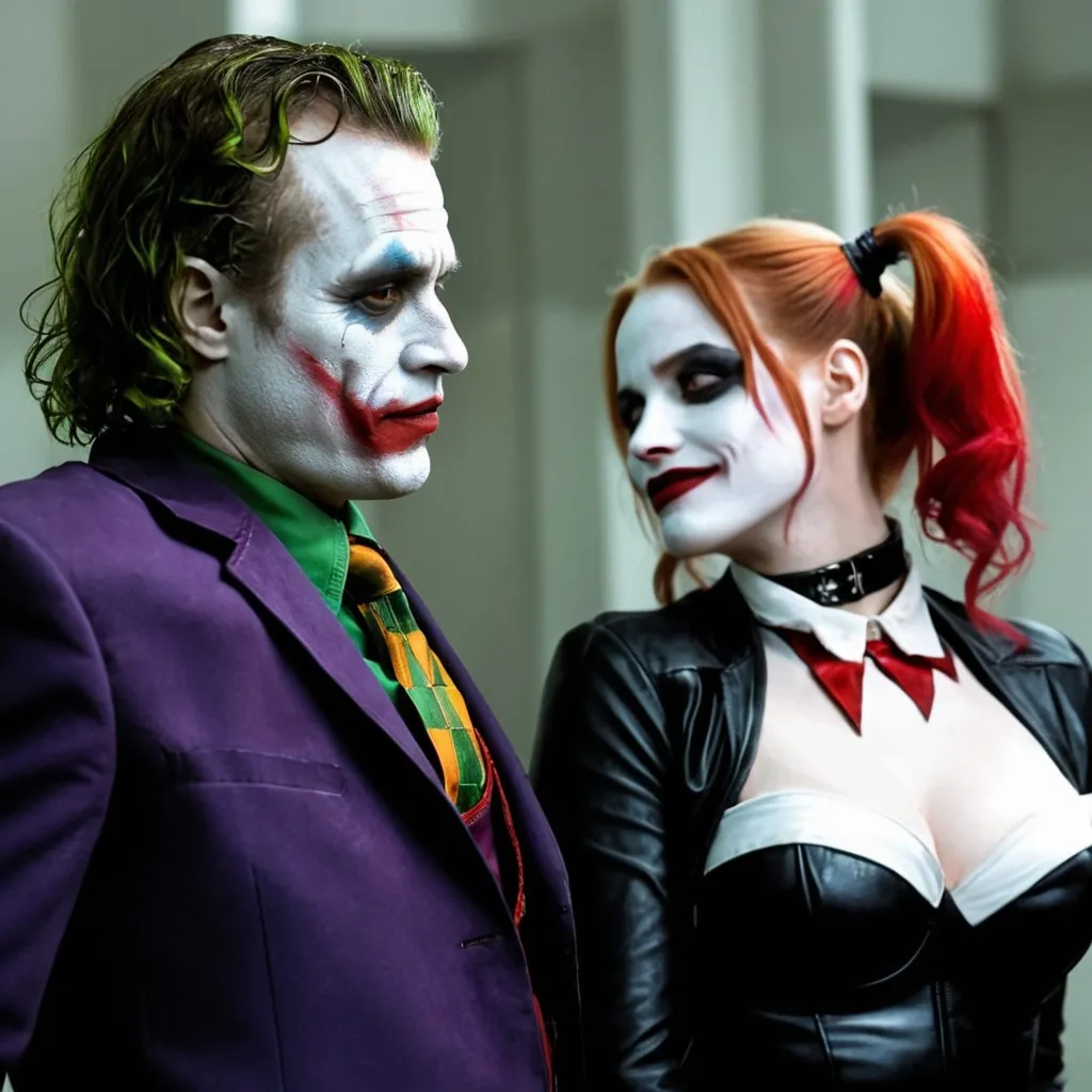 Prompt: Heath Ledger as Joker and Jessica Chastain as Harley Quinn.