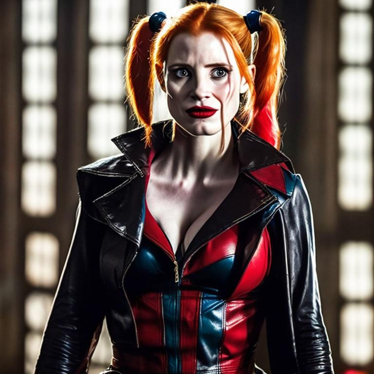 Prompt: Jessica Chastain as Harley Quinn in Christopher Nolan's Batman universe wearing a leather red and black trench coat.