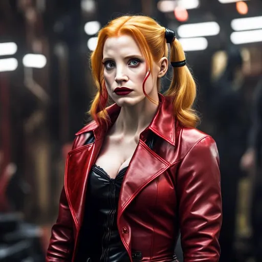 Prompt: Jessica Chastain as Harley Quinn in Christopher Nolan's Batman universe wearing a leather red and black trench coat.