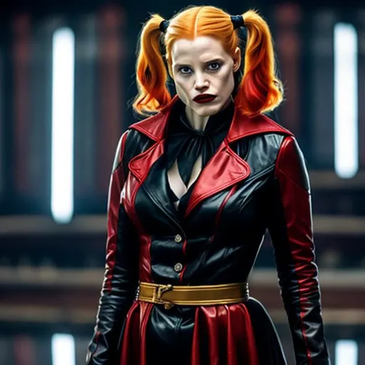 Prompt: Jessica Chastain as Harley Quinn in Christopher Nolan's Batman universe wearing a leather red and black trench coat.