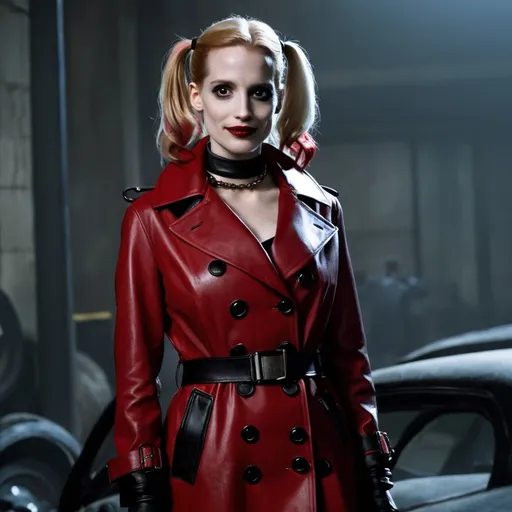 Prompt: Jessica Chastain as Harley Quinn in Christopher Nolan's Batman universe wearing a leather red and black trench coat.