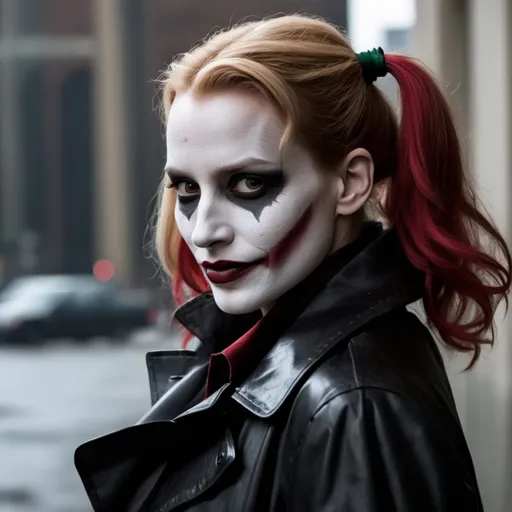 Prompt: Jessica Chastain as Harley Quinn in Christopher Nolan's Batman universe with a white painted face resembling Heath Ledger's Joker makeup wearing a leather red and black trench coat.