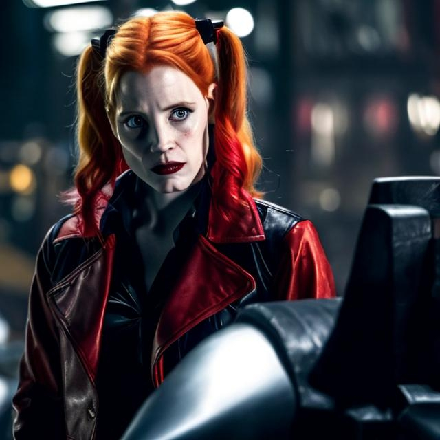 Prompt: Jessica Chastain as Harley Quinn in Christopher Nolan's Batman universe wearing a leather red and black trench coat.