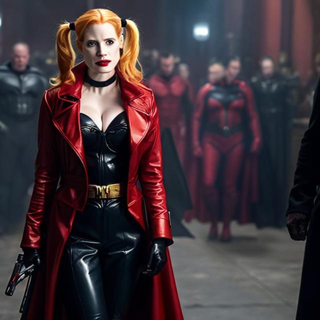 Prompt: Jessica Chastain as Harley Quinn in Christopher Nolan's Batman universe wearing a leather red and black trench coat.