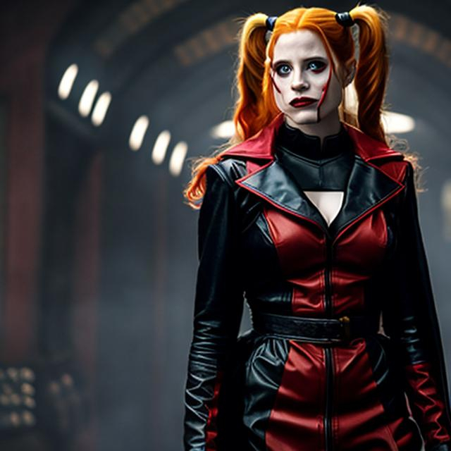 Prompt: Jessica Chastain as Harley Quinn in Christopher Nolan's Batman universe wearing a leather red and black trench coat.