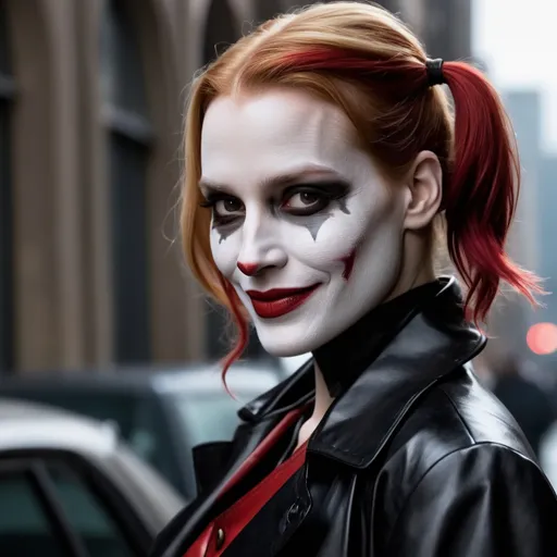 Prompt: Jessica Chastain as Harley Quinn in Christopher Nolan's Batman universe with a white painted face and Glasgow smile resembling Heath Ledger's Joker makeup wearing a leather red and black trench coat.