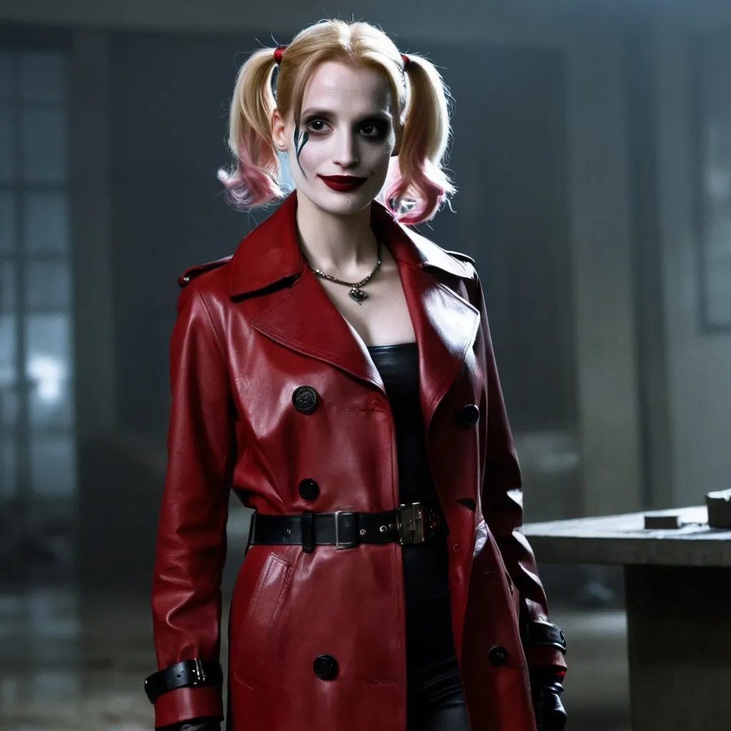 Prompt: Jessica Chastain as Harley Quinn in Christopher Nolan's Batman universe wearing a leather red and black trench coat.