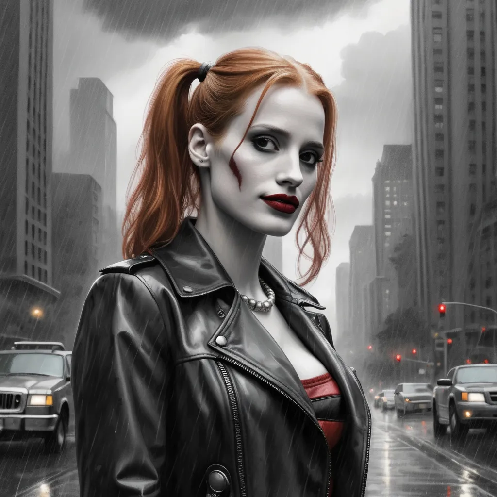 Prompt: pencil drawing of jessica chastain as harley quinn standing in the street, rainy weather, dark clouds, tall buildings, nostalgic theme