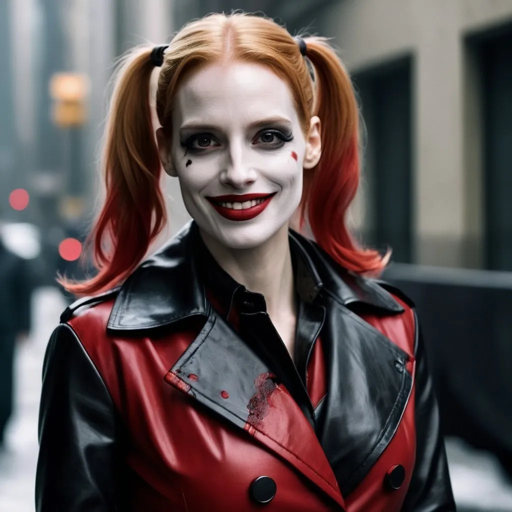 Prompt: Jessica Chastain as Harley Quinn in Christopher Nolan's Batman universe with a white painted face and Glasgow smile wearing a leather red and white and black trench coat.