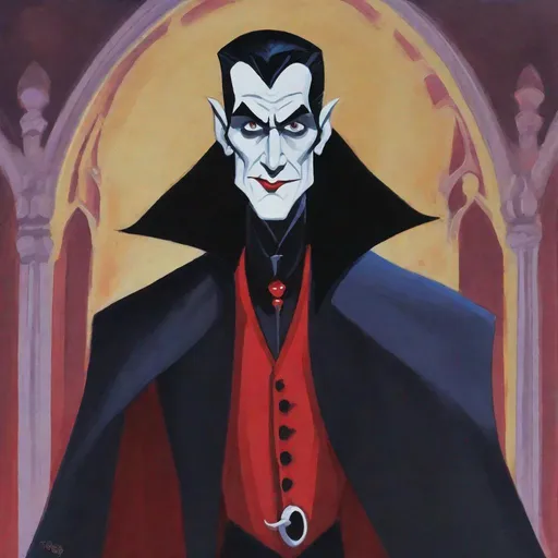 Prompt: gouache painting of a modern Disney animated style Dracula inspired by Basil Gogos.