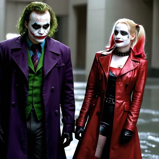 Prompt: Heath Ledger as Joker and Jessica Chastain as Harley Quinn in Christopher Nolan's Dark Knight universe with a white painted face resembling Heath Ledger's Joker makeup wearing a leather red and black trench coat.