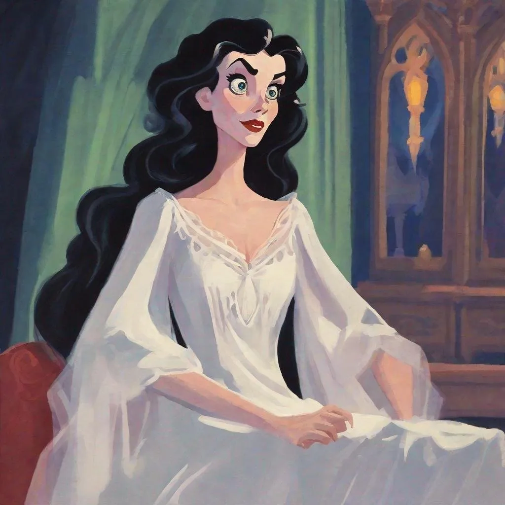 Prompt: gouache painting of a Disney animated style Mina Murray from Dracula in a white night gown.