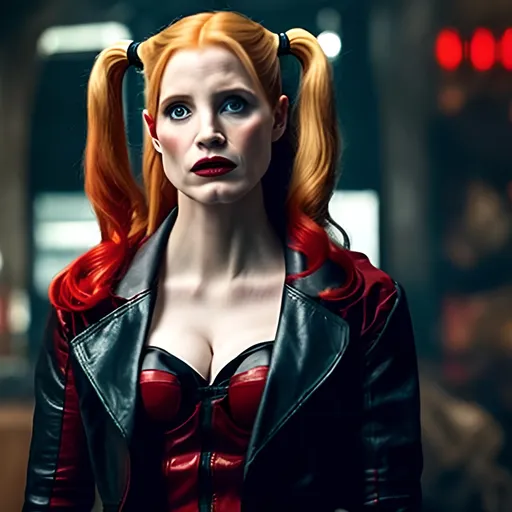 Prompt: Jessica Chastain as Harley Quinn in Christopher Nolan's Batman universe wearing a leather red and black trench coat.