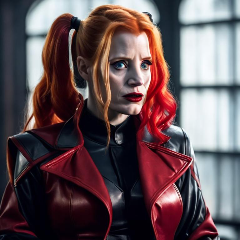 Prompt: Jessica Chastain as Harley Quinn in Christopher Nolan's Batman universe wearing a leather red and black trench coat.