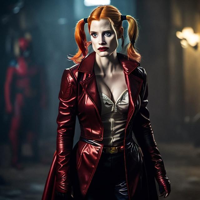 Prompt: Jessica Chastain as Harley Quinn in Christopher Nolan's Batman universe wearing a leather red and black trench coat.