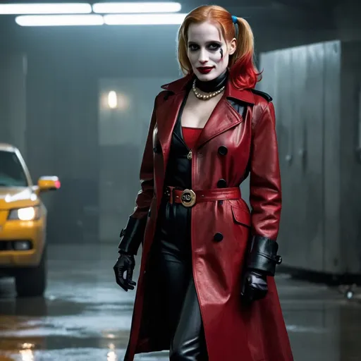 Prompt: Jessica Chastain as Harley Quinn in Christopher Nolan's Batman universe wearing a leather red and black trench coat.