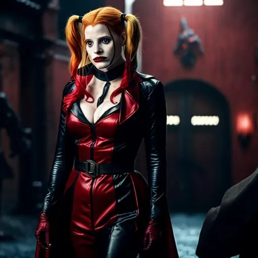 Prompt: Jessica Chastain as Harley Quinn in Christopher Nolan's Batman universe wearing a leather red and black trench coat.