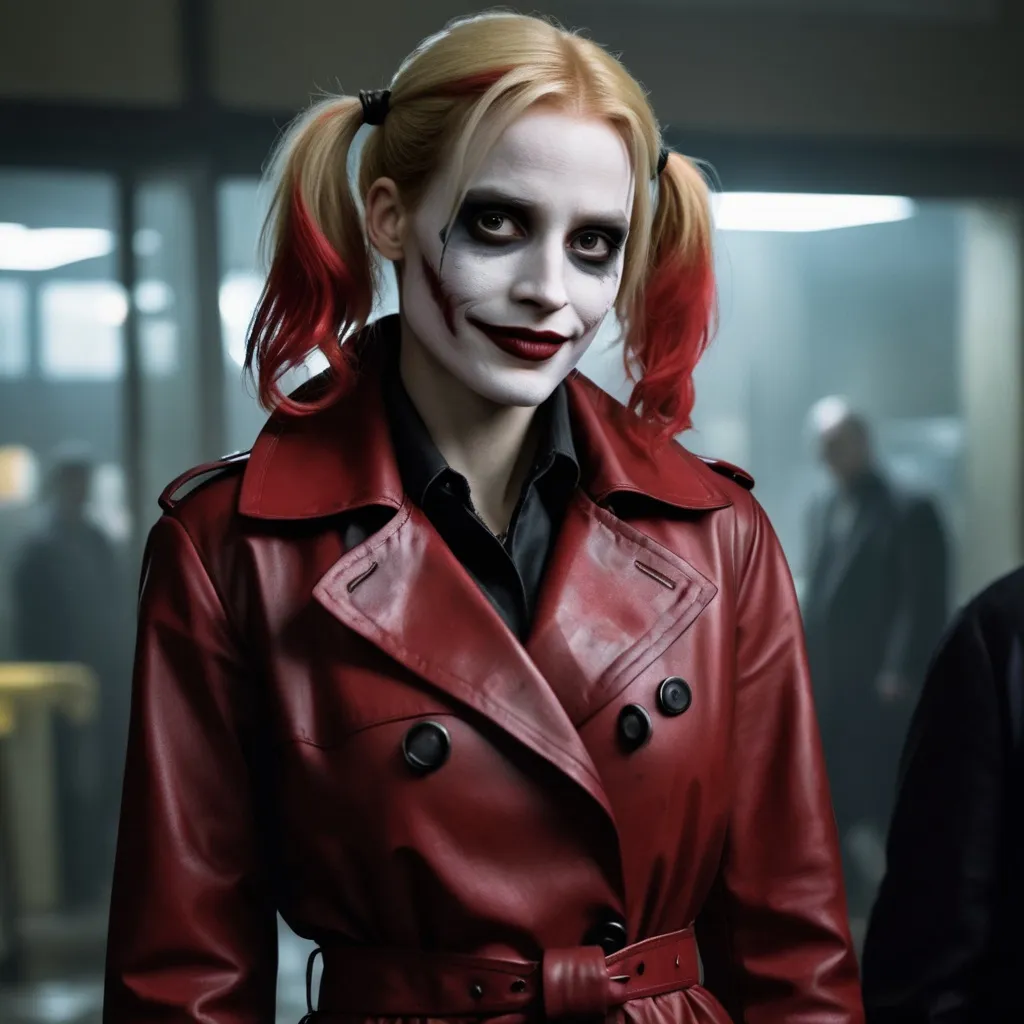 Prompt: Jessica Chastain as Harley Quinn in Christopher Nolan's Batman universe with a white painted face resembling Heath Ledger's Joker makeup wearing a leather red and black trench coat.