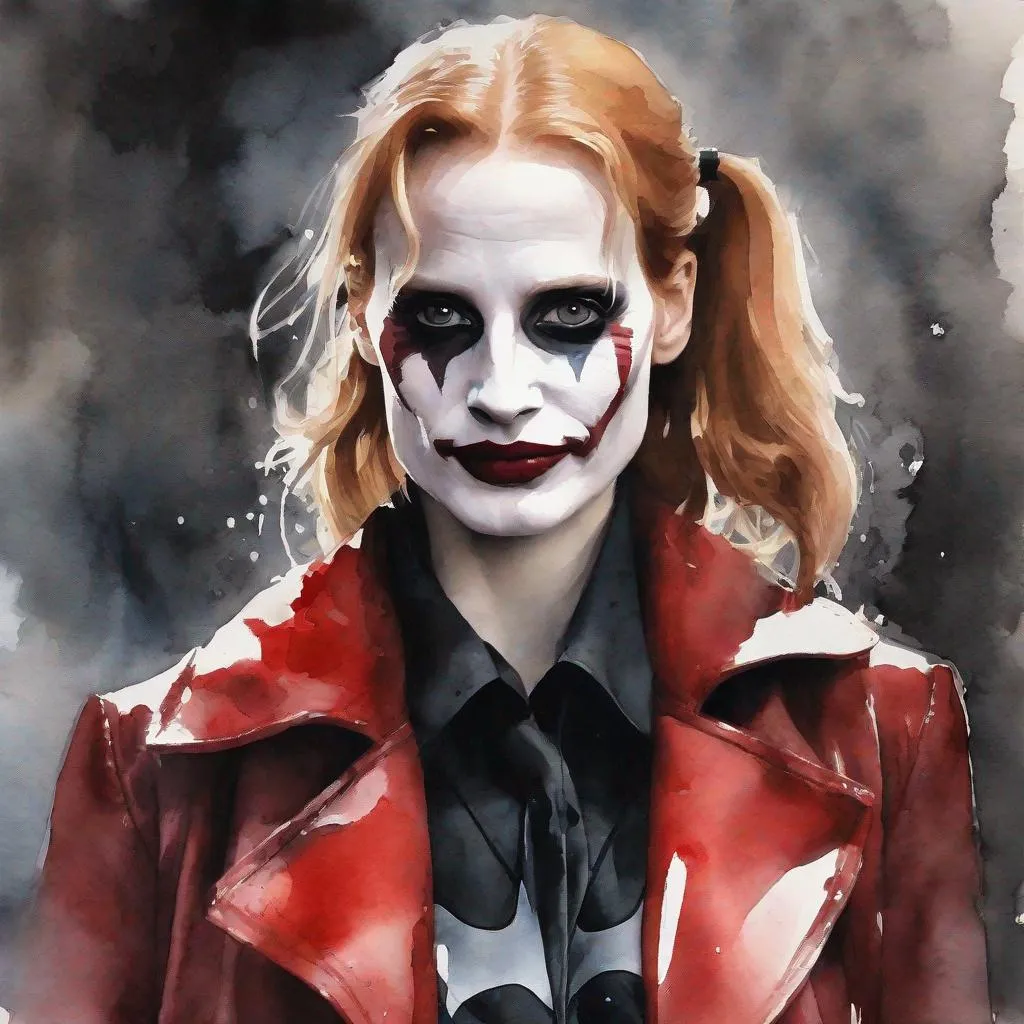 Prompt: watercolor painting of Jessica Chastain as Harley Quinn in Christopher Nolan's Batman universe with a white painted face resembling Heath Ledger's Joker makeup wearing a leather red and black trench coat.