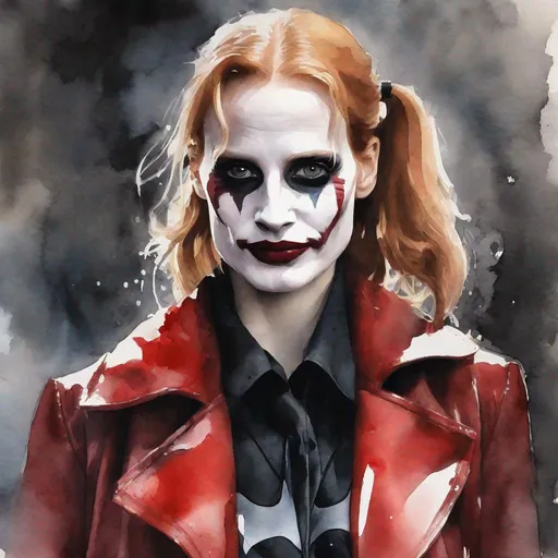 Prompt: watercolor painting of Jessica Chastain as Harley Quinn in Christopher Nolan's Batman universe with a white painted face resembling Heath Ledger's Joker makeup wearing a leather red and black trench coat.