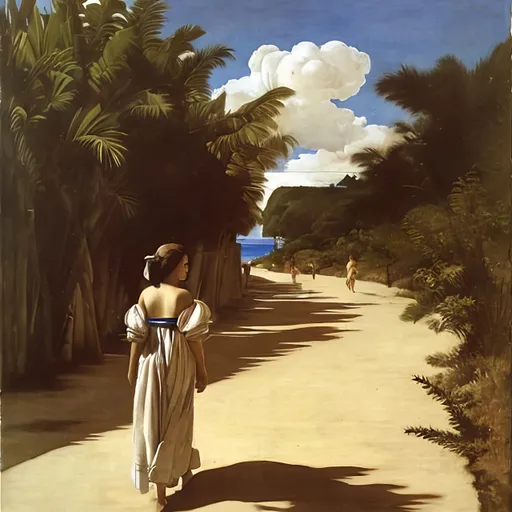 Prompt: A young Brazilian woman walking down a street near a beach, painting by Artemisia Gentileschi