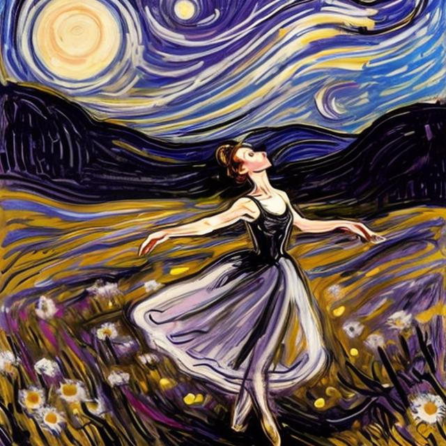 Prompt: ballerina dancing in a wildflower field under the moonlight  in the style of edvard munch

