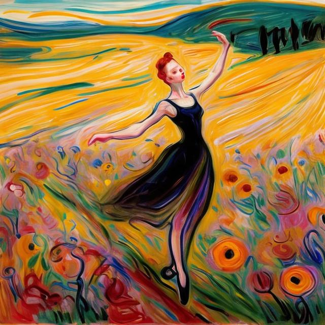 Prompt: ballerina dancing in a wildflower field in the style of edvard munch

