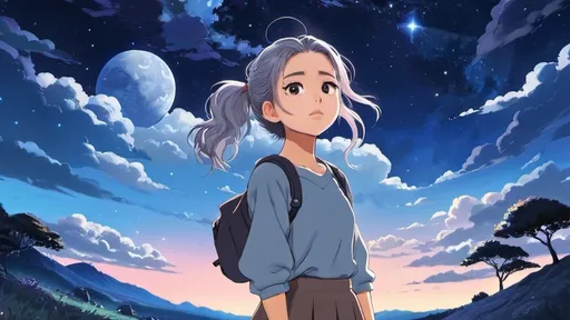 Prompt: Anime artwork inspired by Itzy's music, night sky, and the enchanting visual style of Hayao Miyazaki 