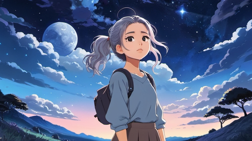 Prompt: Anime artwork inspired by Itzy's music, night sky, and the enchanting visual style of Hayao Miyazaki 