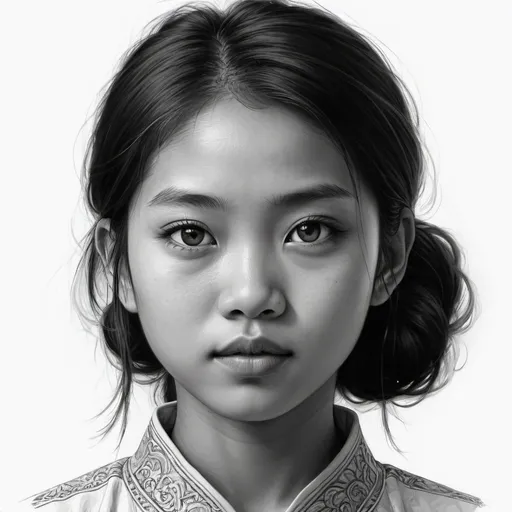 Prompt: Portrait illustration of a young Asian girl, influenced by Sumatraism, detailed features, standing confidently, Alice Prin inspired, high-contrast, intense gaze, white background, detailed hair, traditional, intricate, detailed eyes, powerful, fine art, pencil drawing, highres, dramatic lighting