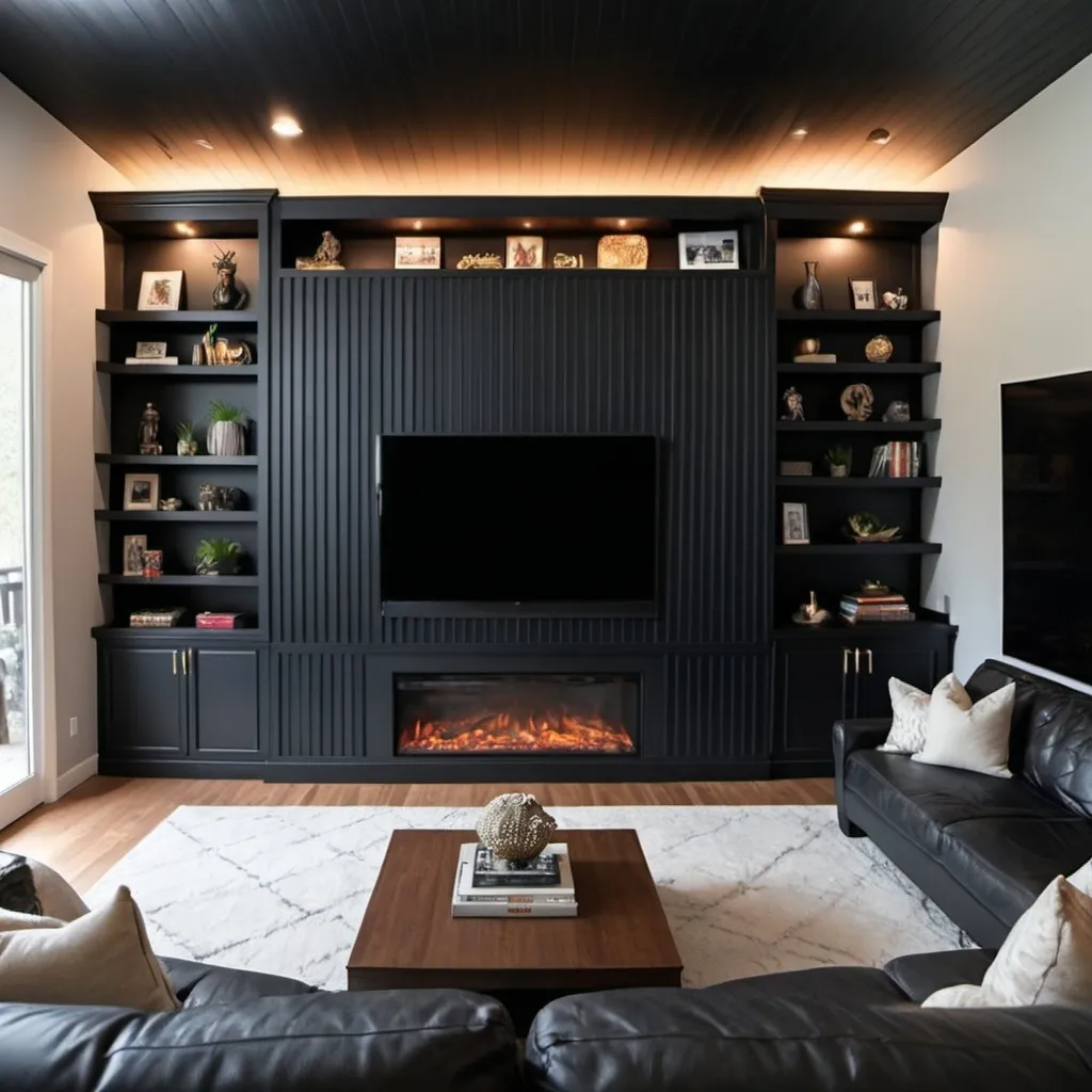 Prompt: Magazine style photo, 8ft high by 13feet by 6inch deep wide wall, a sitting level view, tv wall unit floor to ceiling black paint with slats at an anlge, 55in flat screen and 62in fake fireplace in wall, no shelves just open, high detial, 4k