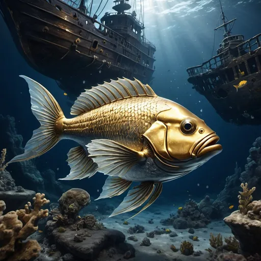 Prompt: Cinematic, realistic illustration of a golden-silver fish swimming in deep blue sea, near a massive, destroyed pirate ship, high pressure water, detailed fish scales with reflections, underwater cinematic, realistic, breathtaking, oceanic, pirate ship wreckage, deep sea, sunken, massive pressure, intense lighting, detailed underwater environment, high quality, ultra-detailed, sea creature, marine life, atmospheric lighting, underwater wreckage, intense, detailed scales, realistic water effects