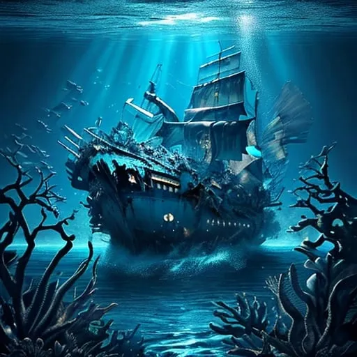 Prompt: Cinematic, realistic illustration of a golden-silver fish swimming in deep blue sea, near a massive, destroyed pirate ship, high pressure water, detailed fish scales with reflections, underwater cinematic, realistic, breathtaking, oceanic, pirate ship wreckage, deep sea, sunken, massive pressure, intense lighting, detailed underwater environment, high quality, ultra-detailed, sea creature, marine life, atmospheric lighting, underwater wreckage, intense, detailed scales, realistic water effects