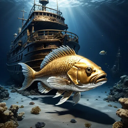 Prompt: Cinematic, realistic illustration of a golden-silver fish swimming in deep blue sea, near a massive, destroyed pirate ship, high pressure water, detailed fish scales with reflections, underwater cinematic, realistic, breathtaking, oceanic, pirate ship wreckage, deep sea, sunken, massive pressure, intense lighting, detailed underwater environment, high quality, ultra-detailed, sea creature, marine life, atmospheric lighting, underwater wreckage, intense, detailed scales, realistic water effects