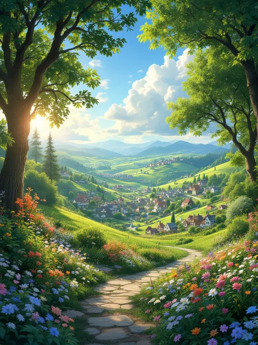 Prompt: photorealistic Ghibli studio-style landscape, whimsical and enchanting atmosphere, lush green forests, rolling hills, vibrant flowers, blue skies with fluffy clouds, warm sunlight casting a serene glow, enchanting creatures peeking through the trees, an intricate village made of quaint cottages in the distance, ultra-detailed, cinematic ambiance, magical and dreamlike quality, HD quality