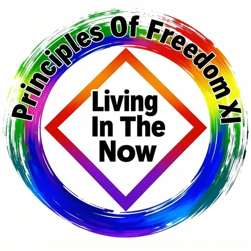 Prompt: Logo with Principles Of Freedom XI in bold black letters arching at the top of the logo and Living In The Now in bold black letters in the middle of the logo.