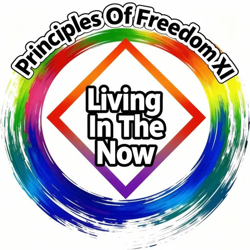 Prompt: Logo with Principles Of Freedom XI in bold black letters outlined in white  outside the logo at the top and Living In The Now in bold black letters outlined in white in the middle of the logo.