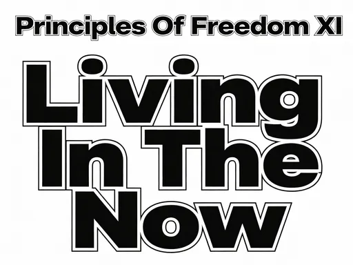 Prompt: Logo with Principles Of Freedom XI in bold black letters outlined in white  outside the logo at the top and Living In The Now in bold black letters outlined in white in the middle of the logo.